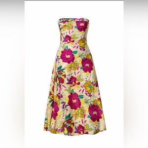 Strapless Floral Midi Dress Cream Magenta Yellow A-Line Summer Sundress